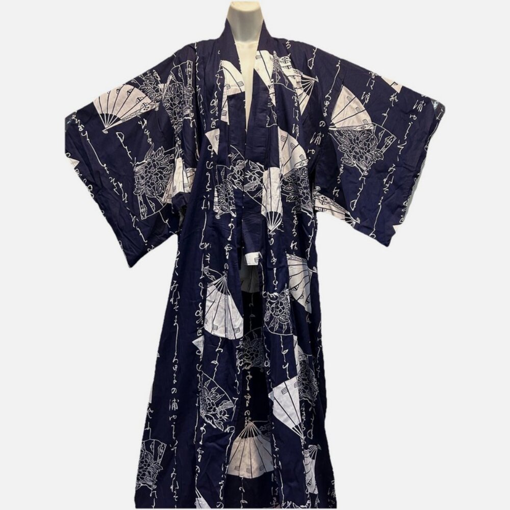 Nwot JOLI made in Japan blue white fan cotton KIMONO TOP COVERUP 1X